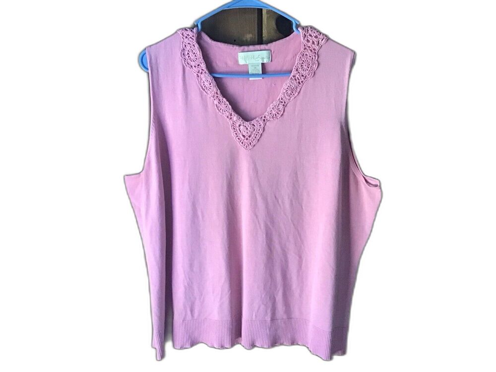 Parisian Signature Pink Silk Blend Top Size 3X V Neck Lace Accent Preppy Classic